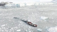 To measure water depth and salinity, the OMG project dropped probes by plane into fjords along reenland’s coast. Shown here is one such fjord in which a glacier is undercut by warming water. The Brown water is caused by sediment being dredged up from the base of the glacier by meltwater plumes. (NASA/JPL-Caltech)