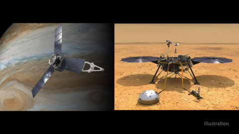 NASA has extended both the Juno mission at Jupiter through September 2025 (left) and the InSight mission at Mars through December 2022. (NASA/JPL-Caltech) NASA has extended both the Juno mission at Jupiter through September 2025 (left) and the InSight mission at Mars through December 2022. (NASA/JPL-Caltech)