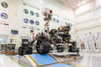 In a clean room at NASA’s Jet Propulsion Laboratory in Southern California, engineers observed the first driving test for NASA’s Mars 2020 Perseverance rover on Dec. 17, 2019. (NASA/JPL-Caltech)