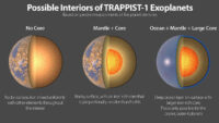 Three possible interiors of the TRAPPIST-1 exoplanets. All seven planets have very similar densities, so they likely have a similar compositions. (NASA/JPL-Caltech)