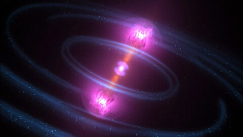 As neutron stars collide, some of the debris blasts away in particle jets moving at nearly the speed of light, producing a brief burst of gamma rays. (NASA's Goddard Space Flight Center/CI Lab)