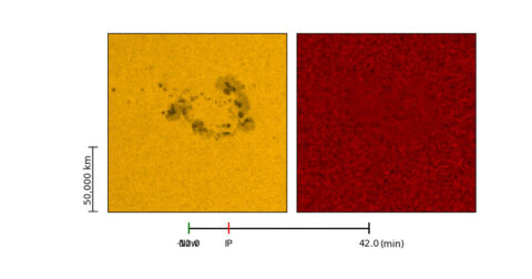 A sunquake – the earthquake-like waves that ripple through our star. Left frame shows the active region in visible light (amber) and extreme ultraviolet (red) on July 30, 2011. Right frame shows the ripples on Sun’s outlying surface up to 42 minutes after the onset of the flare, which is marked by the label “IP” for impulsive flare. (NASA/SDO)