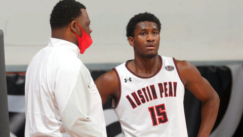 Austin Peay State University Men's Basketball sophomore Mike Peake scores 20 points and pulls down eight boards in victory over SIU Edwardsville at the Dunn Center Thursday night. (APSU Sports Information)