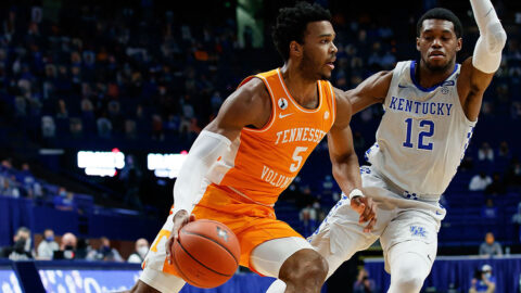 Tennessee Men's Basketball sophomore Josiah-Jordan James scores 10 points and pulls down 10 rebounds in victory over Kentucky Saturday night. (UT Athletics)