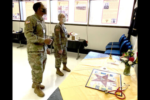 Army Nurse Corps officers 1Lt. Jovan Smallwood and Capt. Angela Mansingh view exhibits at a living history display at BACH in honor of the 120th Army Nurse Corps Birthday, Feb. 2. Nurses at BACH reached out to retired Army Nurse Corps officers to record the stories of these nurses who served before them to share in a living history display celebrating the contributions of the Army Nurse Corps. (U.S. Army photo by Maria Yager)