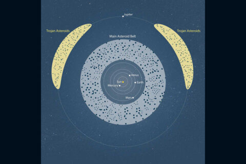 The main asteroid belt lies between Mars and Jupiter, whereas Trojan asteroids both lead and follow Jupiter. Scientists now know that asteroids in the early solar system (4.6 billion years ago) adhered together and eventually formed the inner planets, including Earth. (NASA/ESA/J. Olmsted/STScI) The main asteroid belt lies between Mars and Jupiter, whereas Trojan asteroids both lead and follow Jupiter. Scientists now know that asteroids in the early solar system (4.6 billion years ago) adhered together and eventually formed the inner planets, including Earth. (NASA/ESA/J. Olmsted/STScI)