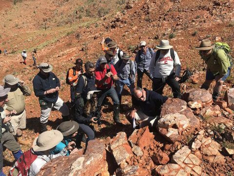 Scientists from NASA's Mars 2020 and ESA's ExoMars projects study stromatolites, the oldest confirmed fossilized lifeforms on Earth, in the Pilbara region of North West Australia. The image was taken on August 19th, 2019. (NASA/JPL-Caltech)