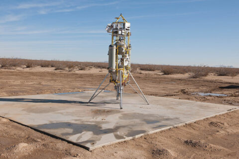 Masten’s Xombie VTVL system sits on a launchpad in Mojave, California in December 2014. (Masten Space Systems)