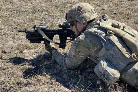 U.S. Army Pvt. Andrew Hext from Able Company, 1st Battalion, 506th Infantry Regiment “Red Currahee”, 1st Brigade Combat Team “Bastogne”, 101st Airborne Division (Air Assault) lying in the prone preparing to assault on the objective on Fort Polk, Louisiana during a live fire exercise Feb. 20.  (U.S. Army Photo by Maj. Vonnie Wright)