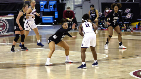 Austin Peay State University Women's Basketball pulls within two but falls to Belmont in the OVC Tournament, 54-50. (APSU Sports Information)