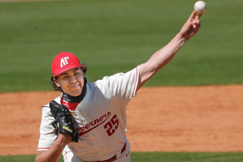 Austin Peay State University relief pitcher Harley Gollert held Belmont scoreless for six innings in Game 1 win for the Govs. (Robert Smith, APSU Sports Information)