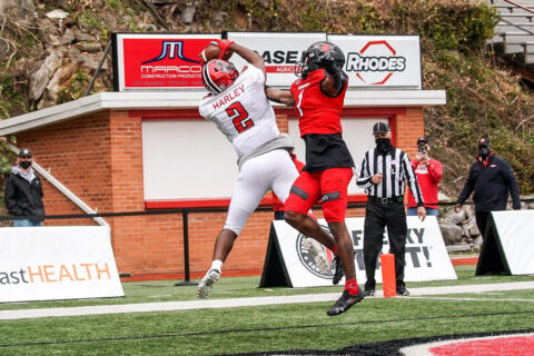 Austin Peay State University Football receiver Baniko Harley pulls in a 22 yard pass from quarterback Draylen Ellis for the game winning touchdown against Southeast Missouri, Sunday. (APSU Sports Information)