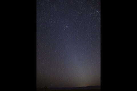 This photo shows the zodiacal light as it appeared on March 1st, 2021, in Skull Valley, Utah. The Pleiades star cluster is visible near the top of the light column. Mars is just below that. (NASA/JPL-Caltech)