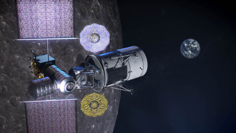 Illustration of NASA's lunar-orbiting Gateway and a human landing system in orbit around the Moon. (NASA)