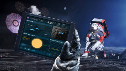 Artist's conceptualization of Artemis astronauts using LunaNet services on the Moon. a unique approach to lunar communications and navigation. The LunaNet communications and navigation architecture will enable the precision navigation required for crewed missions to the Moon and place our astronauts closer to scientifically significant lunar sites, enhancing the our missions’ scientific output. (NASA/Resse Patillo) Artist's conceptualization of Artemis astronauts using LunaNet services on the Moon. a unique approach to lunar communications and navigation. The LunaNet communications and navigation architecture will enable the precision navigation required for crewed missions to the Moon and place our astronauts closer to scientifically significant lunar sites, enhancing the our missions’ scientific output. (NASA/Resse Patillo)