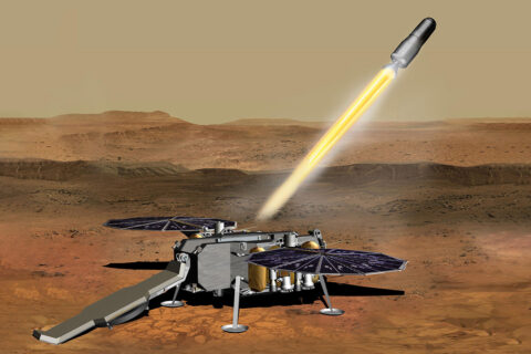 This illustration shows a concept of how the NASA Mars Ascent Vehicle could be launched from the surface of Mars in one step of the Mars sample return mission. (NASA/JPL-Caltech)