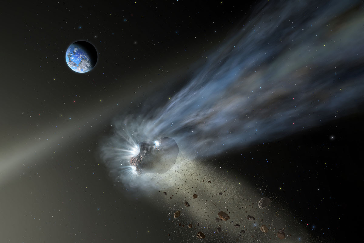 Illustration of a comet from the Oort Cloud as it passes through the inner solar system with dust and gas evaporating into its tail. SOFIA’s observations of Comet Catalina reveal that it’s carbon-rich, suggesting that comets delivered carbon to the terrestrial planets like Earth and Mars as they formed in the early solar system. (NASA/SOFIA/Lynette Cook)
