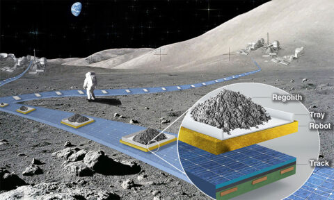 This illustration shows a conceptual lunar railway system called FLOAT (Flexible Levitation on a Track) that has been selected for an early-stage feasibility study within the NASA Innovative Advanced Concepts program. (NASA/JPL-Caltech)