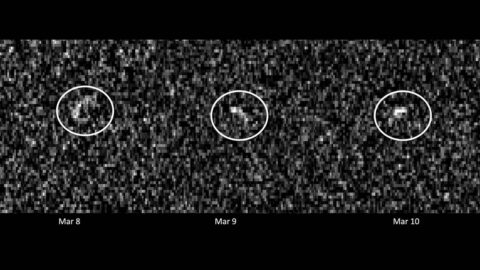 This image of asteroid Apophis was recorded by radio antennas at the Deep Space Network’s Goldstone complex in California and the Green Bank Telescope in West Virginia. The asteroid was 10.6 million miles (17 million kilometers) away, and each pixel has a resolution of 127 feet (38.75 meters). (NASA/JPL-Caltech and NSF/AUI/GBO) This image of asteroid Apophis was recorded by radio antennas at the Deep Space Network’s Goldstone complex in California and the Green Bank Telescope in West Virginia. The asteroid was 10.6 million miles (17 million kilometers) away, and each pixel has a resolution of 127 feet (38.75 meters). (NASA/JPL-Caltech and NSF/AUI/GBO)