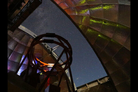 This photo shows the view from inside the dome of NASA’s Infrared Telescope Facility during a night of observing. The 3.2-meter (10.5-foot) telescope atop Hawaii’s Mauna Kea will be used to measure the infrared spectrum of asteroid 2001 FO32. (UH/IfA)