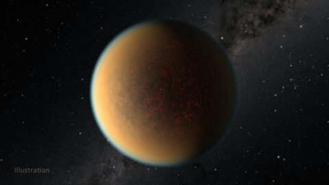The hazy atmosphere of the Earth-size rocky exoplanet GJ 1132 b contains a toxic mix of hydrogen, methane, and hydrogen cyanide. These gasses may come from molten lava beneath the planet’s thin crust. The gravitational pull from another planet in the system likely fractures GJ 1132 b's surface to resemble a cracked eggshell. (NASA/ESA/R. Hurt (IPAC/Caltech))