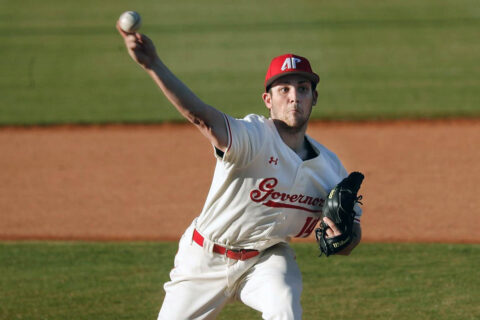 Austin Peay State University Baseball pitcher Luke Brown tosses complete game in Govs series-opening win over UT Martin. (Robert Smith, APSU Sports Information)