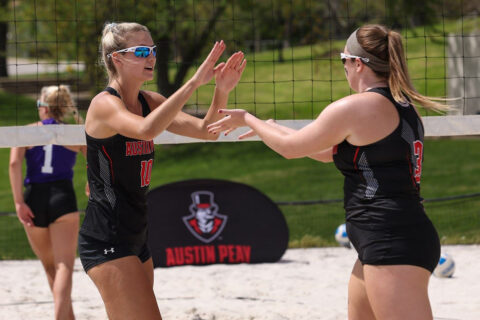 Austin Peay State University Beach Volleyball pairing of Jenna Panning and Brooke Moore won their first match against UT Martin. (APSU Sports Information)