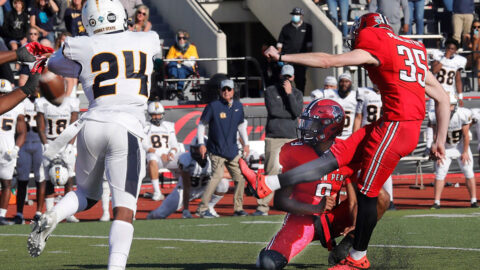 Austin Peay Stae University Football kicker Grant Paulette hits a 33-yard field gold with two seconds left in the game to give the Govs a 34-31 victory over ranked Murray State. (APSU Sports Information)