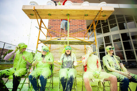 Austin Peay State University dean's Karen Meisch, Tucker Brown, Prentice Chandler, Barry Jones, and Mickey Hepner get slimed. (APSU)