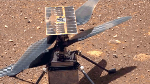 The Ingenuity Mars Helicopter’s carbon fiber blades can be seen in this video taken by the Mastcam-Z instrument aboard NASA's Perseverance Mars rover on April 8th, 2021, the 48th Martian day, or sol, of the mission. They are performing a wiggle test before the actual spin-up to ensure they were working properly. (NASA/JPL-Caltech/ASU)