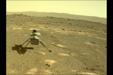 NASA’s Ingenuity helicopter can be seen on Mars as viewed by the Perseverance rover’s rear Hazard Camera on April 4th, 2021, the 44th Martian day, or sol of the mission. (NASA/JPL-Caltech)