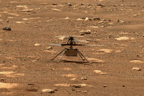NASA’s Ingenuity helicopter unlocked its blades, allowing them to spin freely, on April 7th, 2021, the 47th Martian day, or sol, of the mission. This image was captured by the Mastcam-Z imager aboard NASA’s Perseverance Mars rover on the following sol, April 8th, 2021. (NASA/JPL-Caltech) NASA’s Ingenuity helicopter unlocked its blades, allowing them to spin freely, on April 7th, 2021, the 47th Martian day, or sol, of the mission. This image was captured by the Mastcam-Z imager aboard NASA’s Perseverance Mars rover on the following sol, April 8th, 2021. (NASA/JPL-Caltech)