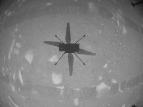 NASA’s Ingenuity Mars Helicopter took this shot, capturing its own shadow, while hovering over the Martian surface on April 19th, 2021, during the first instance of powered, controlled flight on another planet. It used its navigation camera, which autonomously tracks the ground during flight. (NASA/JPL-Caltech)