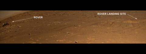 NASA’s Perseverance Mars rover is visible in the upper left corner of this image the agency’s Ingenuity Mars Helicopter took during its third flight, on April 25, 2021. The helicopter was flying at an altitude of 16 feet (5 meters) and roughly 279 feet (85 meters) from the rover at the time. (NASA/JPL-Caltech) NASA’s Perseverance Mars rover is visible in the upper left corner of this image the agency’s Ingenuity Mars Helicopter took during its third flight, on April 25, 2021. The helicopter was flying at an altitude of 16 feet (5 meters) and roughly 279 feet (85 meters) from the rover at the time. (NASA/JPL-Caltech)