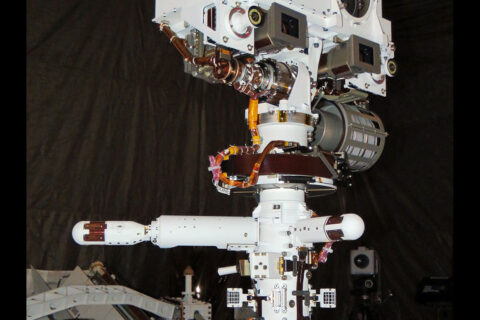 Wind sensors that are part of the MEDA instrument suite can be seen deployed from the mast of NASA’s Perseverance Mars rover in this image taken before the rover was launched. (NASA/JPL-Caltech) Wind sensors that are part of the MEDA instrument suite can be seen deployed from the mast of NASA’s Perseverance Mars rover in this image taken before the rover was launched. (NASA/JPL-Caltech)