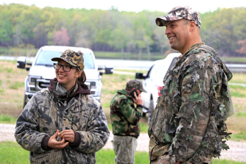 During this year’s annual turkey hunt, Brig. Gen. Clair Gill, Deputy Commanding General, 101st Airborne Division (Air Assault), speaks with Spc. Faith Breeden, a 13B Cannon Crew Member with 2nd Battalion, 32nd Field Artillery "Proud Americans," 1st Brigade Combat Team "Bastogne," 101st Airborne Division (Air Assault) about her first hunting experience. (Sgt. 1st Class Jacob Connor, 101st Airborne Division)