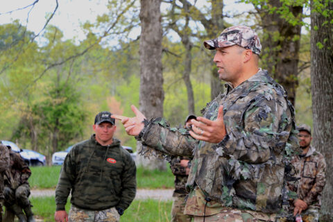 Brig. Gen. Clair Gill, Deputy Commanding General, 101st Airborne Division (Air Assault), speaks to the duck hunters during the annual turkey hunt here, April 17th, 2021. (Sgt. 1st Class Jacob Connor, 101st Airborne Division)