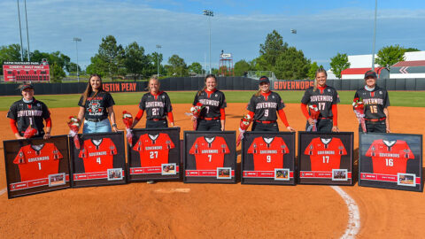 Austin Peay State University Softball celebrated senior players (L to R) Kelsey Gray, Jordan Benefiel, Katelyn Smith, Brett Jackson, Drew Dudley, Kelsey Gross, and Emily Moore, Saturday. (Casey Crigger, APSU Sports Information)