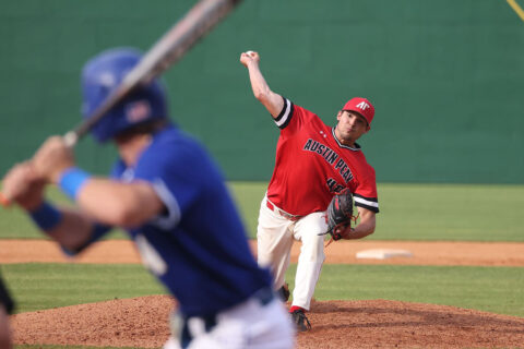 Austin Peay State University pitcher Drew McIllwain ties up Morehead State as Govs advance at OVC Tournament. (Eric Elliot, APSU Sports Information)