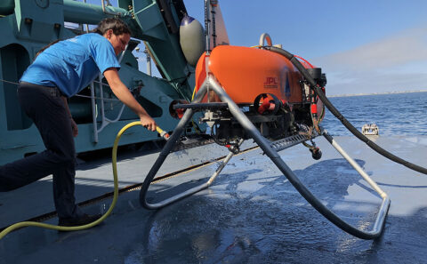 The Orpheus submersible robot is being developed by Woods Hole Oceanographic Institute and JPL to explore the deep ocean autonomously. Orpheus uses vision-based navigation that works in a similar way to how the Ingenuity Mars Helicopter navigates during flight. (NASA/JPL-Caltech) The Orpheus submersible robot is being developed by Woods Hole Oceanographic Institute and JPL to explore the deep ocean autonomously. Orpheus uses vision-based navigation that works in a similar way to how the Ingenuity Mars Helicopter navigates during flight. (NASA/JPL-Caltech)