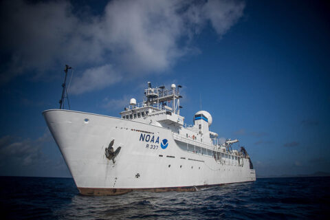 The Orpheus technology demonstration will be carried out aboard the NOAA ship Okeanos Explorer. After departing from Florida’s Port Canaveral on May 14th, the two-week expedition explores the waters off the U.S. East Coast. (Art Howard/NOAA Ocean Exploration)