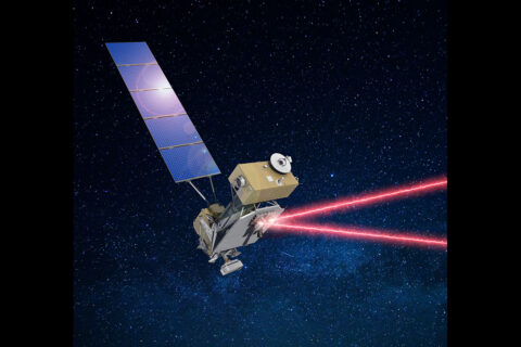 Illustration of the U.S. Department of Defense's Space Test Program Satellite-6 (STPSat-6) with the Laser Communications Relay Demonstration (LCRD) payload communicating data over infrared links. (NASA)