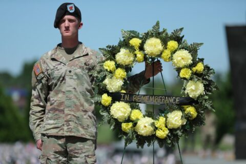 During this event, 101st Airborne Division (Air Assault) soldiers and veterans take part in the memorial ceremony, honoring the veterans and fallen Soldiers of the 101st. (U.S. Army, Spc. Jordy Harris)