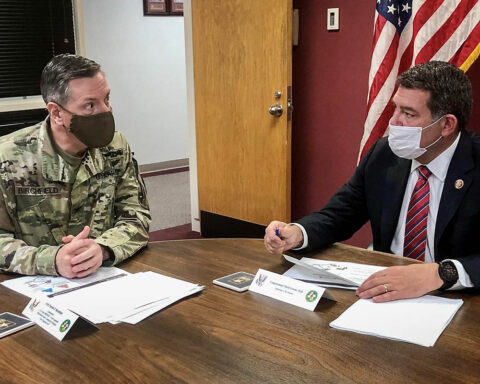 Blanchfield Army Community Hospital Commander Col. Patrick T. Birchfield updated U.S. Congressman Mark Green, of Tennessee’s 7th Congressional District this past April on the hospital’s COVID-19 response mission. The congressman was one of a number of distinguished visitors Birchfield welcomed during his time in command of the hospital. (U.S. Army)