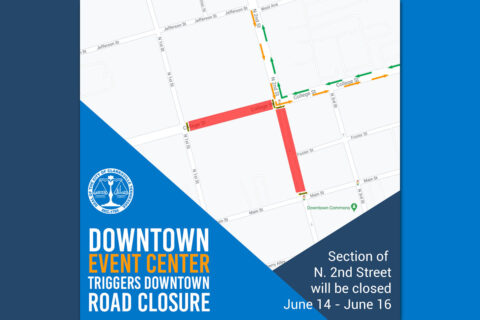 College Street and North Second Street intersection closure map. College Street and North Second Street intersection closure map.