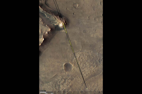 This annotated image of Mars' Jezero Crater depicts the location of NASA's Perseverance rover (yellow dot) and the field of view of its Remote Microscopic Imager (RMI) camera when it took a series of images of the Delta Scarp on March 17, 2021. (NASA/JPL-Caltech/University of Arizona)