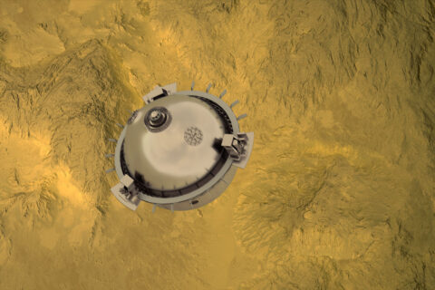 DAVINCI+ will send a meter-diameter probe to brave the high temperatures and pressures near Venus’ surface to explore the atmosphere from above the clouds to near the surface of a terrain that may have been a past a continent. (NASA GSFC visualization by CI Labs Michael Lentz and others)