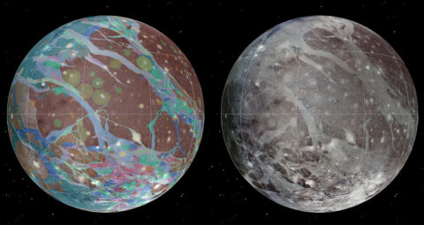 Left to right: The mosaic and geologic maps of Jupiter’s moon Ganymede were assembled incorporating the best available imagery from NASA’s Voyager 1 and 2 spacecraft and NASA’s Galileo spacecraft. (USGS Astrogeology Science Center/Wheaton/NASA/JPL-Caltech)