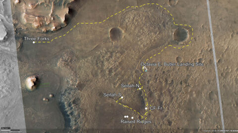 This annotated image of Jezero Crater depicts the routes for Perseverance’s first science campaign (yellow hash marks) as well as its second (light-yellow hash marks). (NASA/JPL-Caltech/University of Arizona) This annotated image of Jezero Crater depicts the routes for Perseverance’s first science campaign (yellow hash marks) as well as its second (light-yellow hash marks). (NASA/JPL-Caltech/University of Arizona)