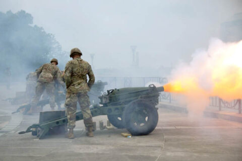 Members of the Tennessee National Guard’s 278th Armored Cavalry Regiment take part in Tennessee’s 225th birthday celebration, June 1st, in Nashville. Three artillery crews fired 25 rounds from the belvedere just below the capital building overlooking the Bicentennial Mall in Nashville. (Staff Sgt. Timothy Cordeiro)